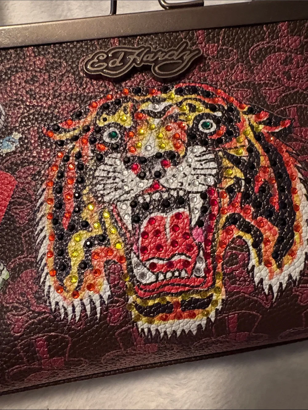 Ed Hardy Burgundy Red Tiger Embroidered Frame Clutch